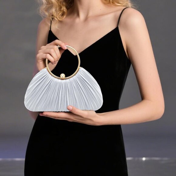 Women's Silver Pleated Evening Party Prom Wedding Dinner Luxury Clutch Bag - Picture 4 of 6